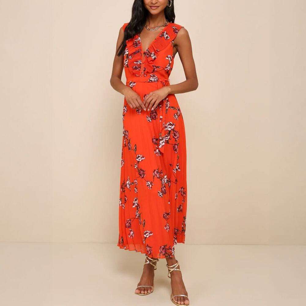 Lulus Loved By You Red Orange Floral Pleated Maxi Dress Size L